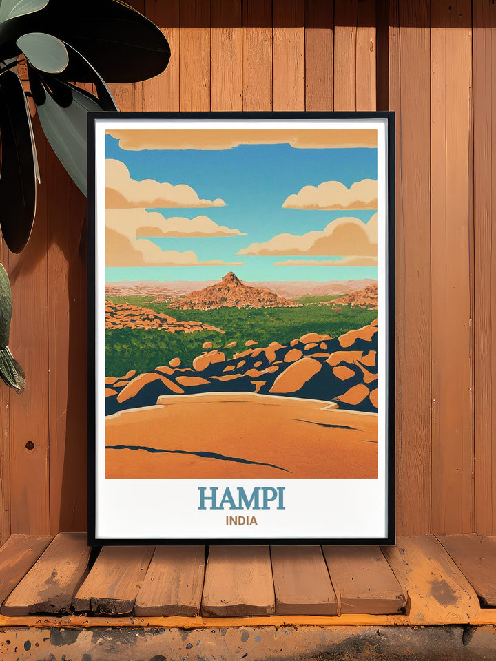 Matanga Hill travel poster from Hampi, India, showcasing the ancient ruins and beautiful sunrise. This print captures the essence of Hampis historical and cultural significance, perfect for enhancing your home decor.