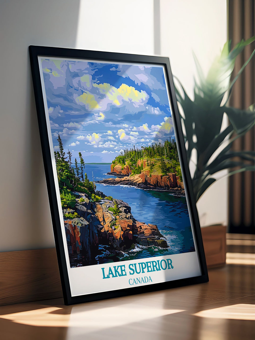 Lake Superiors pristine waters and beautiful beaches depicted in a colorful art print, perfect for nature inspired home decor.