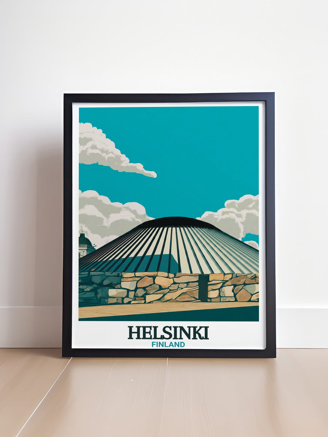 This framed art piece highlights Temppeliaukio Church, one of Helsinkis most famous landmarks. The poster offers a detailed look at the churchs natural rock interior and copper dome, perfect for those who appreciate modern architecture and Scandinavian aesthetics.