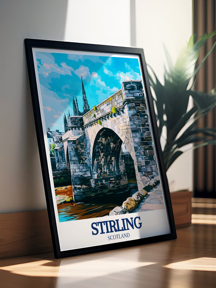 Our travel print of Stirling Castle, Stirling Bridge, and Abbey Craig beautifully captures the historic charm of Scotland. The artwork is perfect for anyone passionate about Scottish history, offering a unique and detailed illustration of some of the countrys most iconic landmarks.