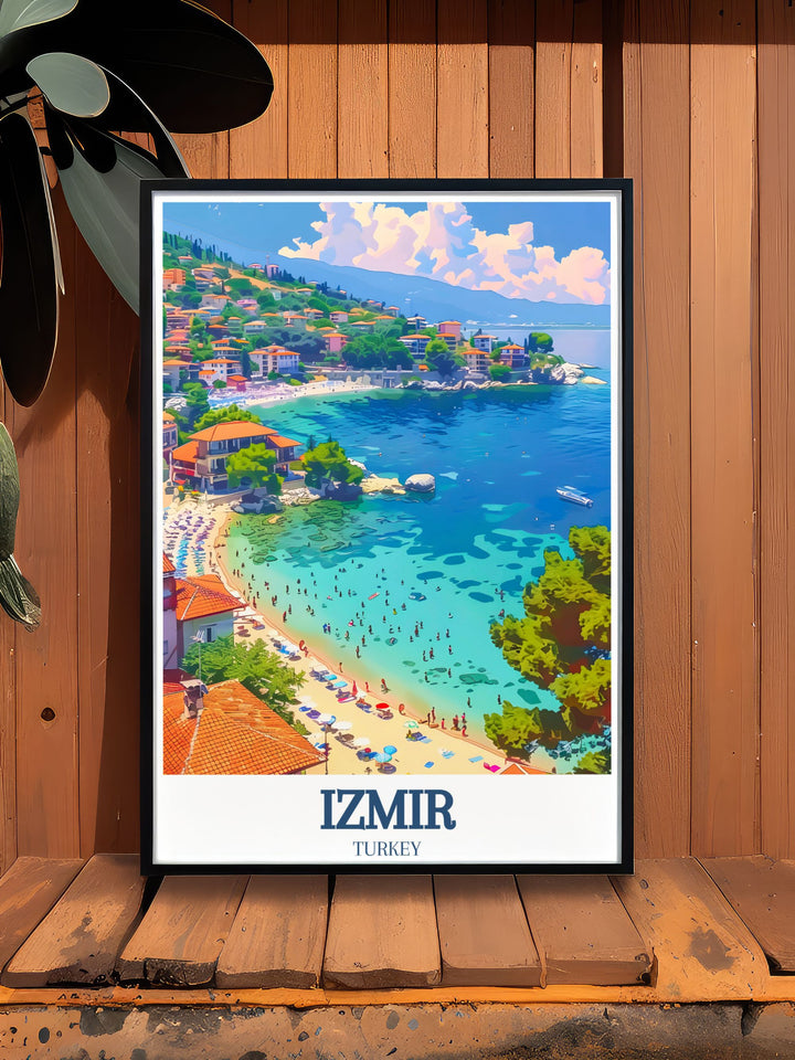 Experience the breathtaking beauty of Turkey with this Izmir travel poster. Featuring the famous Akkum Beach and the mysterious Atlantis Peninsula, this artwork captures the essence of the countrys natural and cultural wonders. Perfect for anyone with a passion for travel and art.