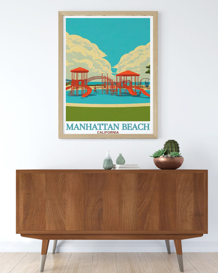 Experience the laid back California lifestyle with this travel print of Manhattan Beach and Polliwog Park. The vibrant colors of the beach and the serene greenery of the park combine to create a unique artwork that brings both relaxation and nature into your home décor.