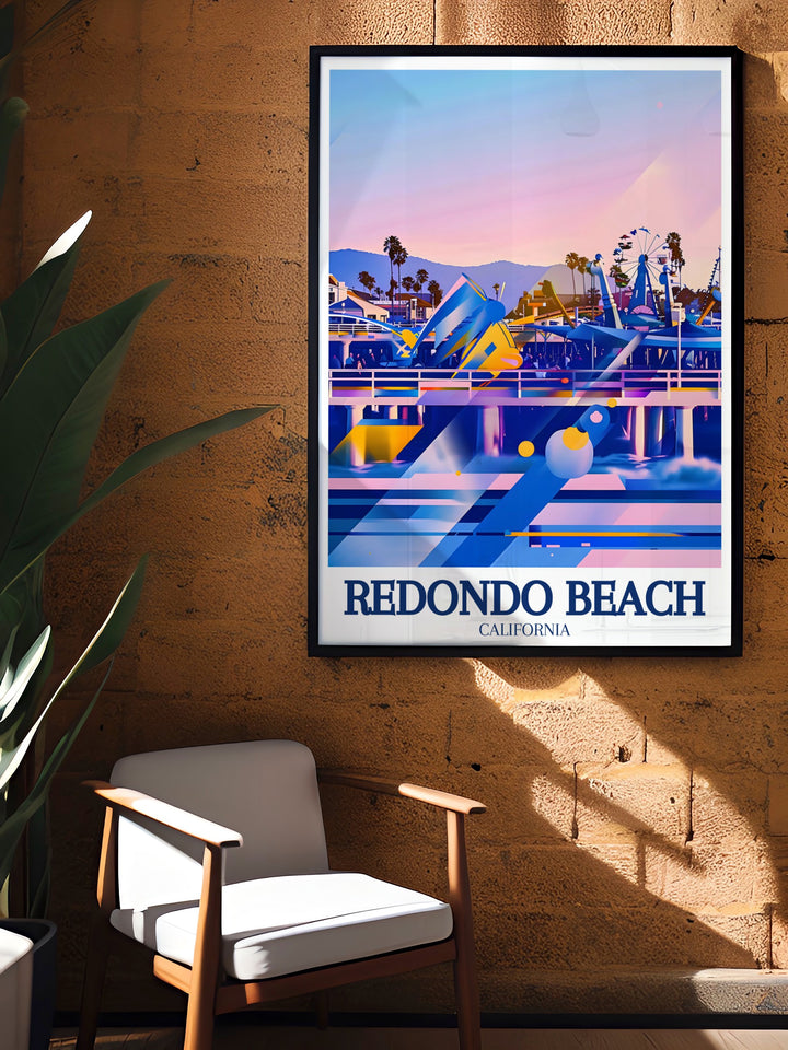 Redondo Beach travel poster featuring the iconic Redondo Beach Pier and the colorful Redondo Arcade, celebrating the joy and beauty of Southern Californias coastline. This vintage style wall poster adds a playful and lively vibe to your décor, ideal for beach enthusiasts and travelers.