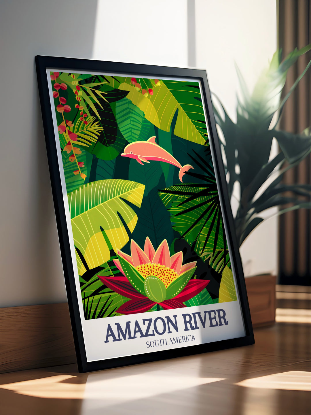 Stunning Victoria Regia water lily, Amazon river dolphin wall art perfect for nature enthusiasts. This travel poster features the majestic water lily and dolphin in a serene Amazon setting, adding a touch of tranquility and wonder to any room.