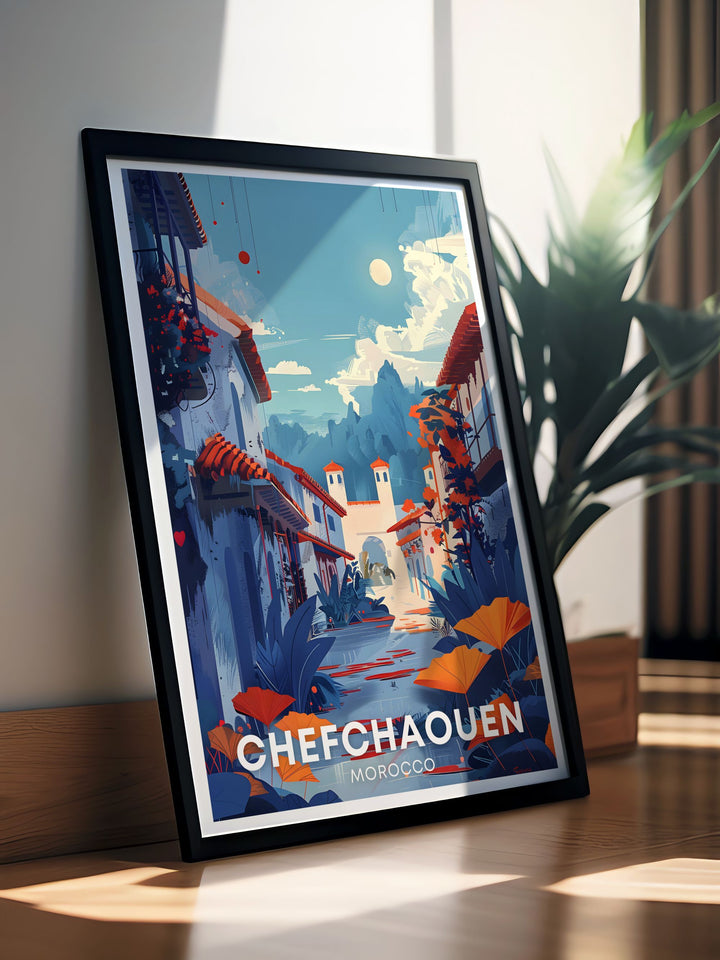 Capture the essence of Chefchaouen with this stunning wall art print, featuring the towns blue washed streets and vibrant atmosphere. The picturesque Blue City of Chefchaouen is beautifully illustrated in this travel poster, ideal for enhancing any room with Moroccan charm.