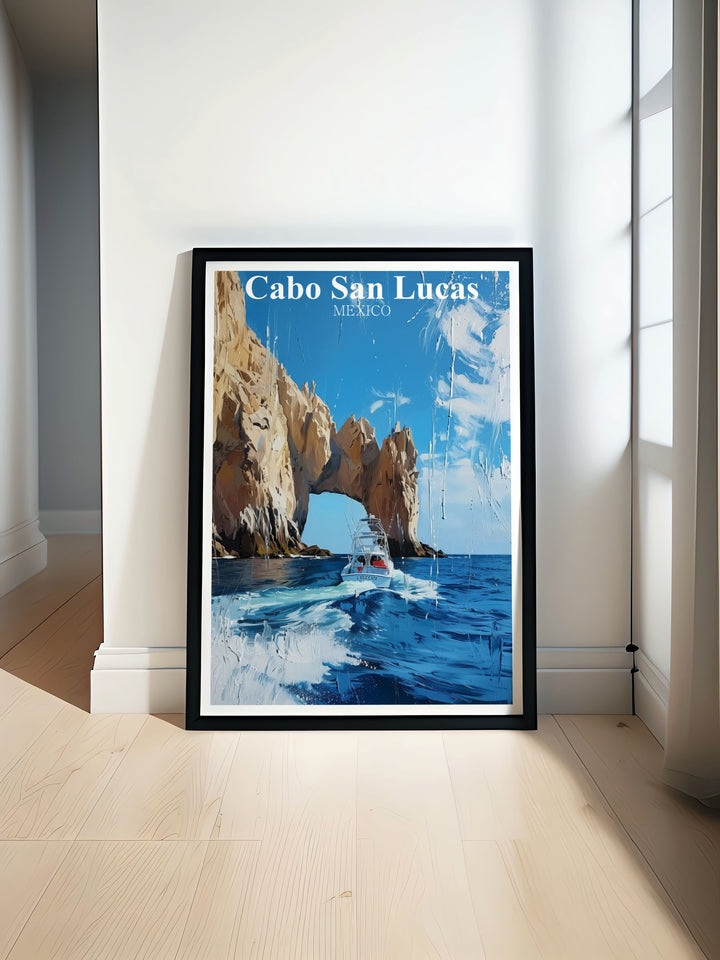 Beautiful Cabo San Lucas print featuring the iconic El Arco in black and white Perfect for home decor or as a gift this travel poster showcases the stunning natural rock formation that defines Cabo San Lucas and brings a touch of Mexico into your living space