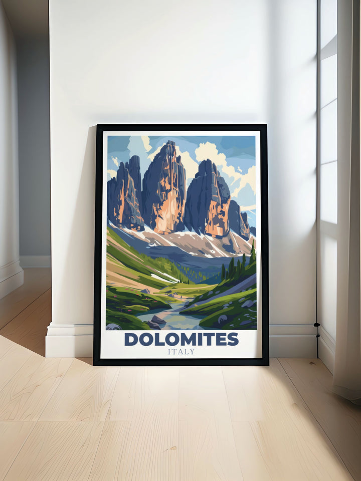 Stunning Tre di Lavaredi Travel Poster showcasing the majestic beauty of the Dolomites Italy. Perfect for home decor and Italy travel enthusiasts. Enhance your living space with this captivating Italy wall art and bring a touch of nature indoors.