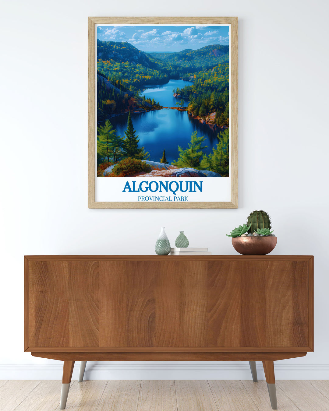 Travel print capturing the serene beauty and historical depth of Algonquin Provincial Park, ideal for gifting to those who appreciate Canadas natural landscapes.