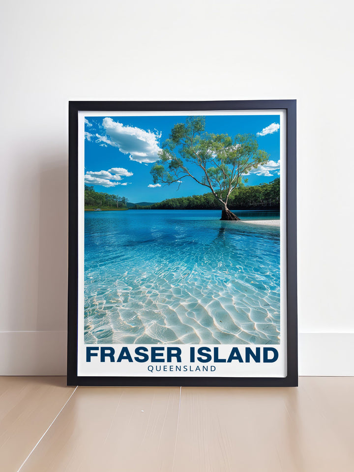 LakeMcKenzie and Fraser Island Poster showcase the brilliant blue waters and sandy shores of one of Queenslands most iconic destinations. This art print makes an ideal gift or home decor piece for nature lovers and fans of Australias pristine landscapes.