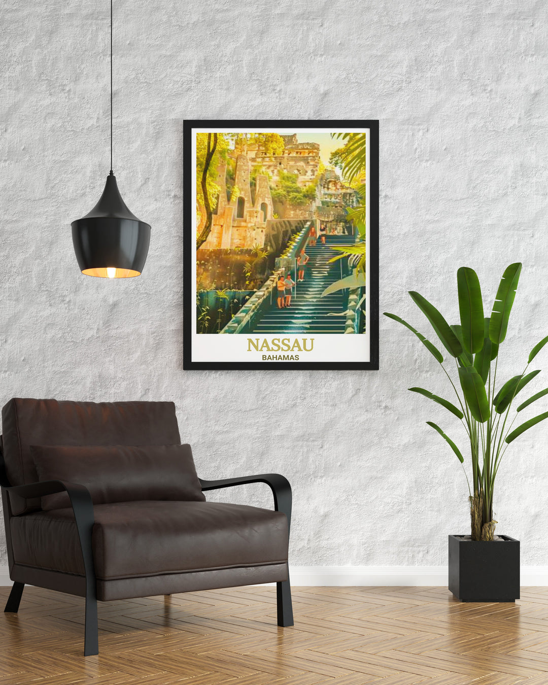 Nassau Wall Art displaying the Queens Staircase, a historically significant site in the Bahamas. This artwork captures the depth and detail of the stone steps, celebrating the connection between nature and history in this tropical setting.