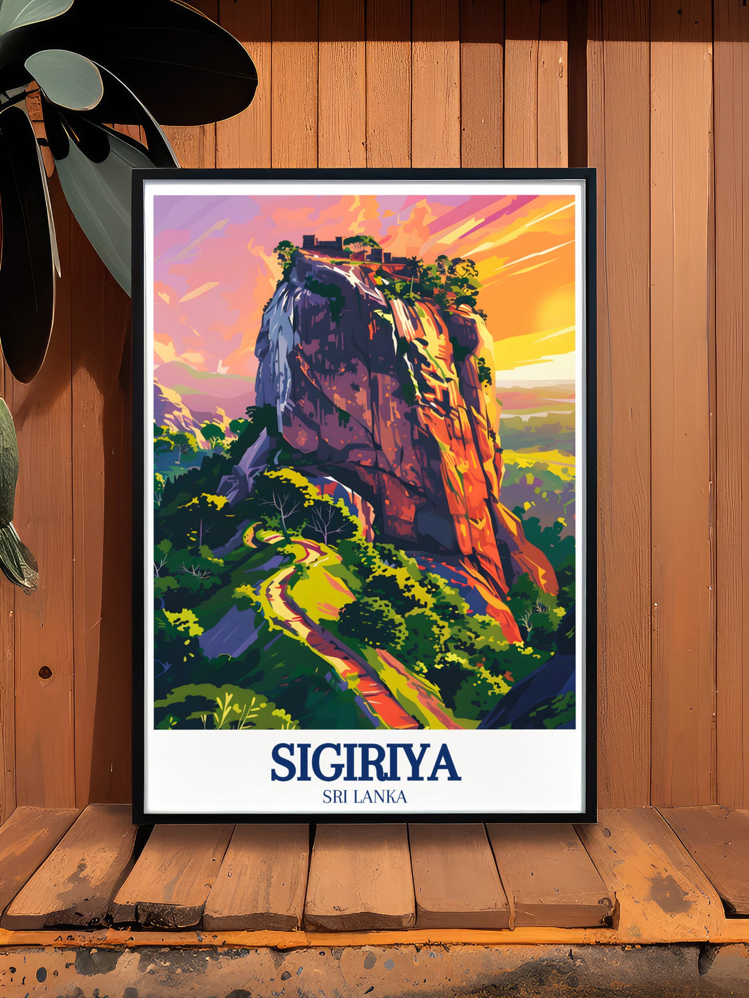 Framed art of Sigiriya, showcasing the architectural marvel of Lions Rock in stunning detail. This artwork is a must have for history enthusiasts and those who appreciate the natural beauty and cultural richness of Sri Lanka.