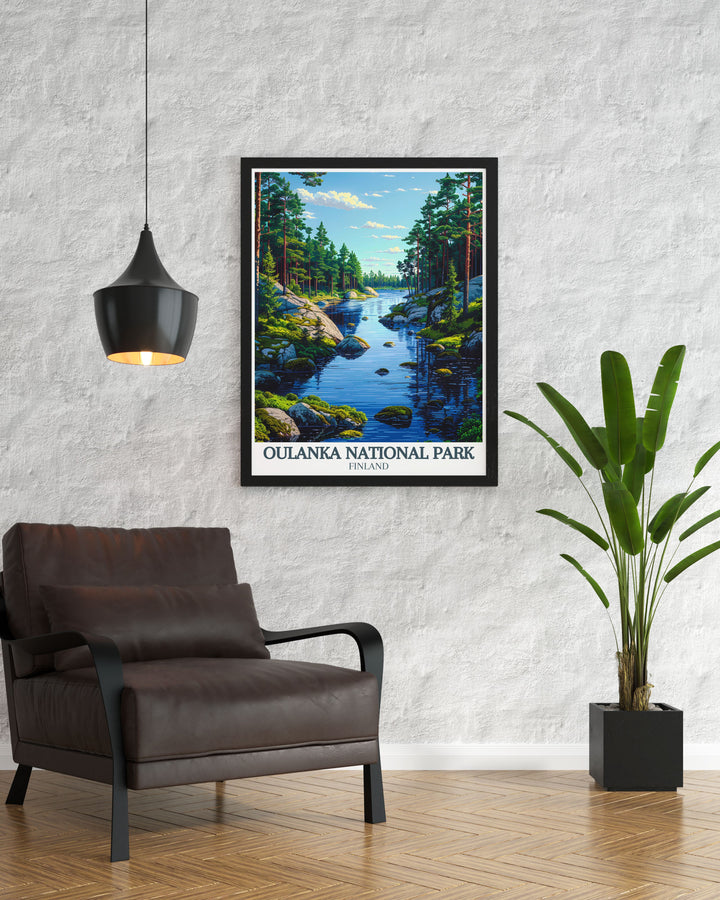 Majestic Oulanka river Kiutakongas Rapids travel poster. Ideal for home decor and perfect for fans of nature wall art and Scandinavian art. This framed print is a beautiful addition to any space and makes a thoughtful gift.