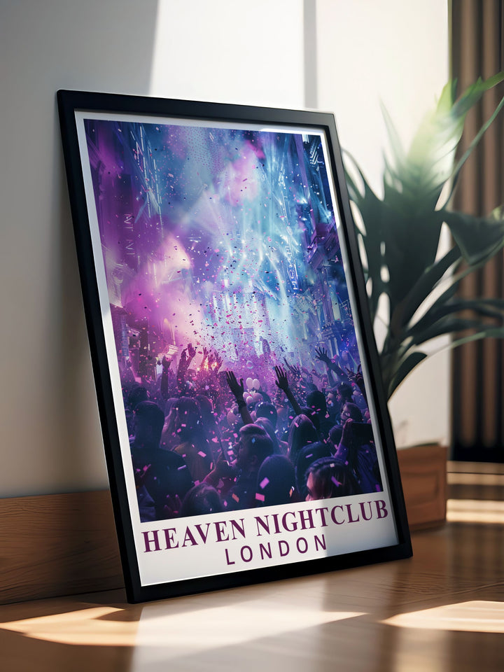 Showcasing the cultural significance and lively energy of Heaven Nightclubs theme nights, this art print is ideal for adding a touch of Londons nightlife to your decor.