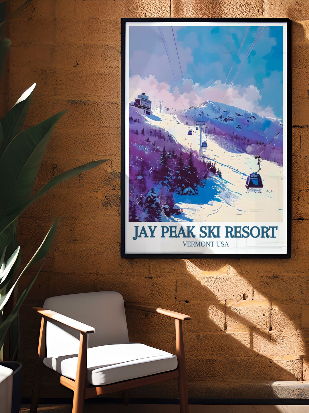 Our Jay Peak Ski Resort travel print highlights the snowy peaks of Vermonts Green Mountains, capturing the serene beauty of Jay Peak and Burke Mountain. This canvas art makes an excellent addition to any home or office for those who love skiing and outdoor adventure.