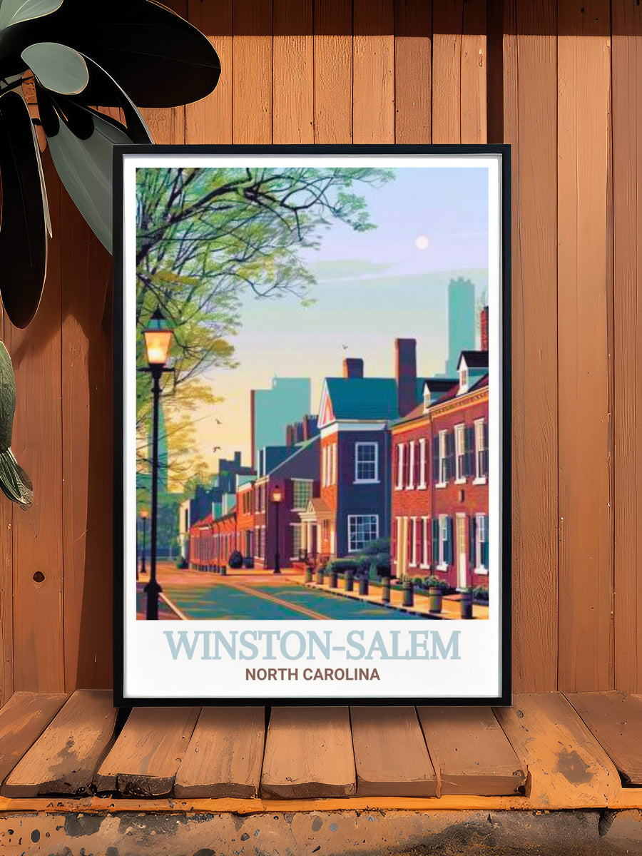 Colorful art print of Old Salem Museums &amp; Gardens in Winston Salem. This piece celebrates the architectural beauty and serene gardens, making it a great gift for history enthusiasts and city lovers alike.