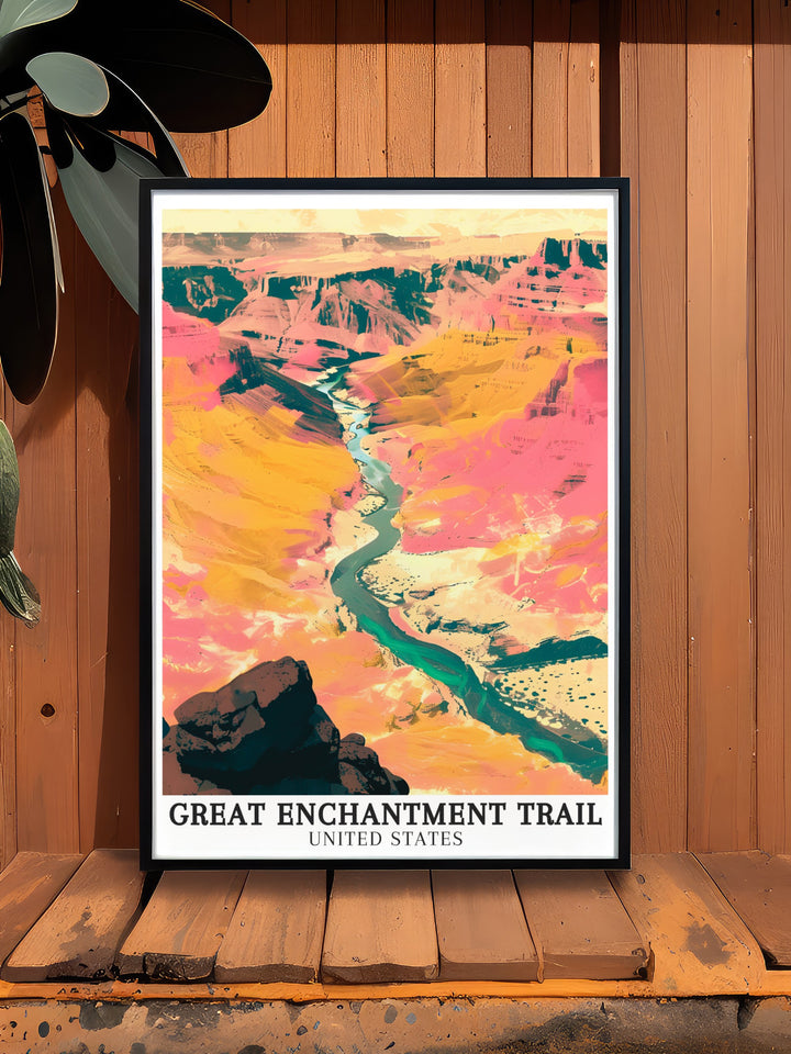 Grand Enchantment Trail art collection. Highlighting the picturesque views of the Grand Enchantment Trail, Grand Canyon, and Colorado River, this art collection is perfect for adding elegance and tranquility to your home decor. Ideal for art collectors and nature lovers.