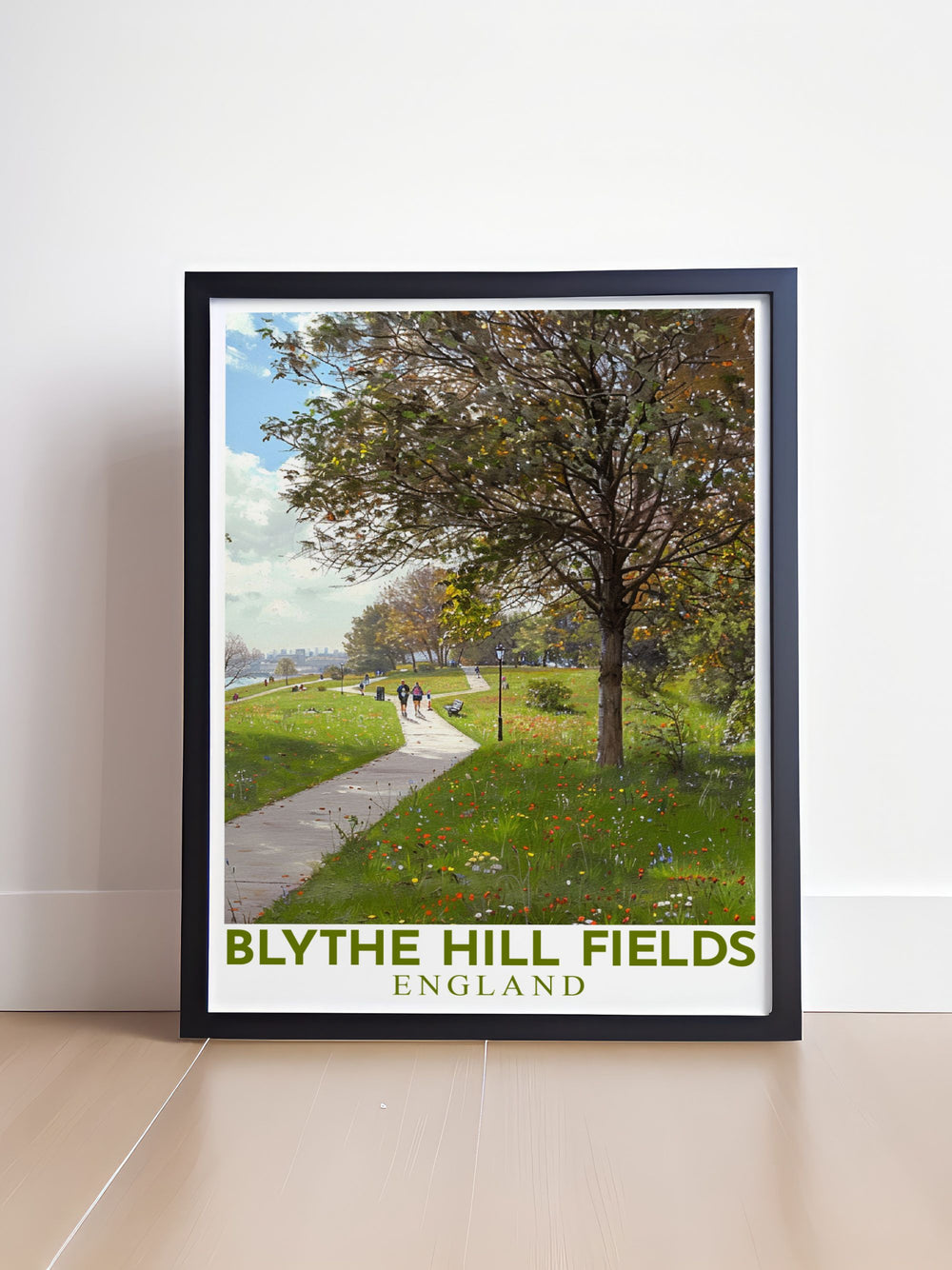Highlighting the tranquil pathways of Blythe Hill Fields, this travel poster showcases the parks scenic beauty and iconic views of the London skyline, ideal for nature enthusiasts and home decor lovers.