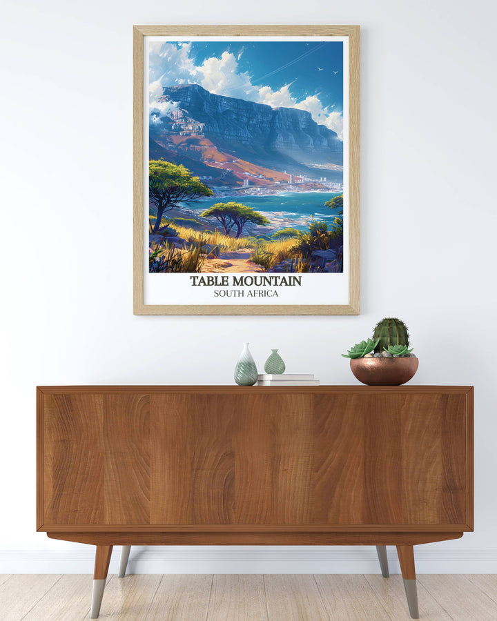 Discover the charm of retro travel posters with this South Africa Print highlighting the majestic Table Mountain Summit a must have for any vintage travel print collector