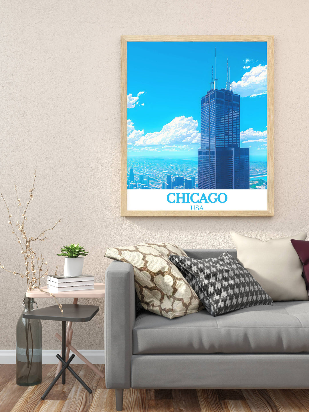 The Willis Tower Formerly Sears Tower poster capturing the imposing presence and intricate design of Chicagos famous skyscraper. An excellent piece for enhancing home decor or as a unique travel gift for loved ones.