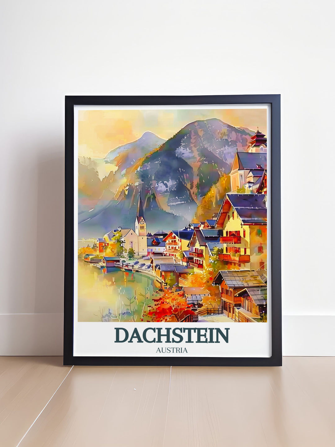 Elegant Hallstatt Lake, Village of Hallstatt poster presenting the beautiful Austrian village and its serene lake ideal for adding a touch of natural beauty to any room.