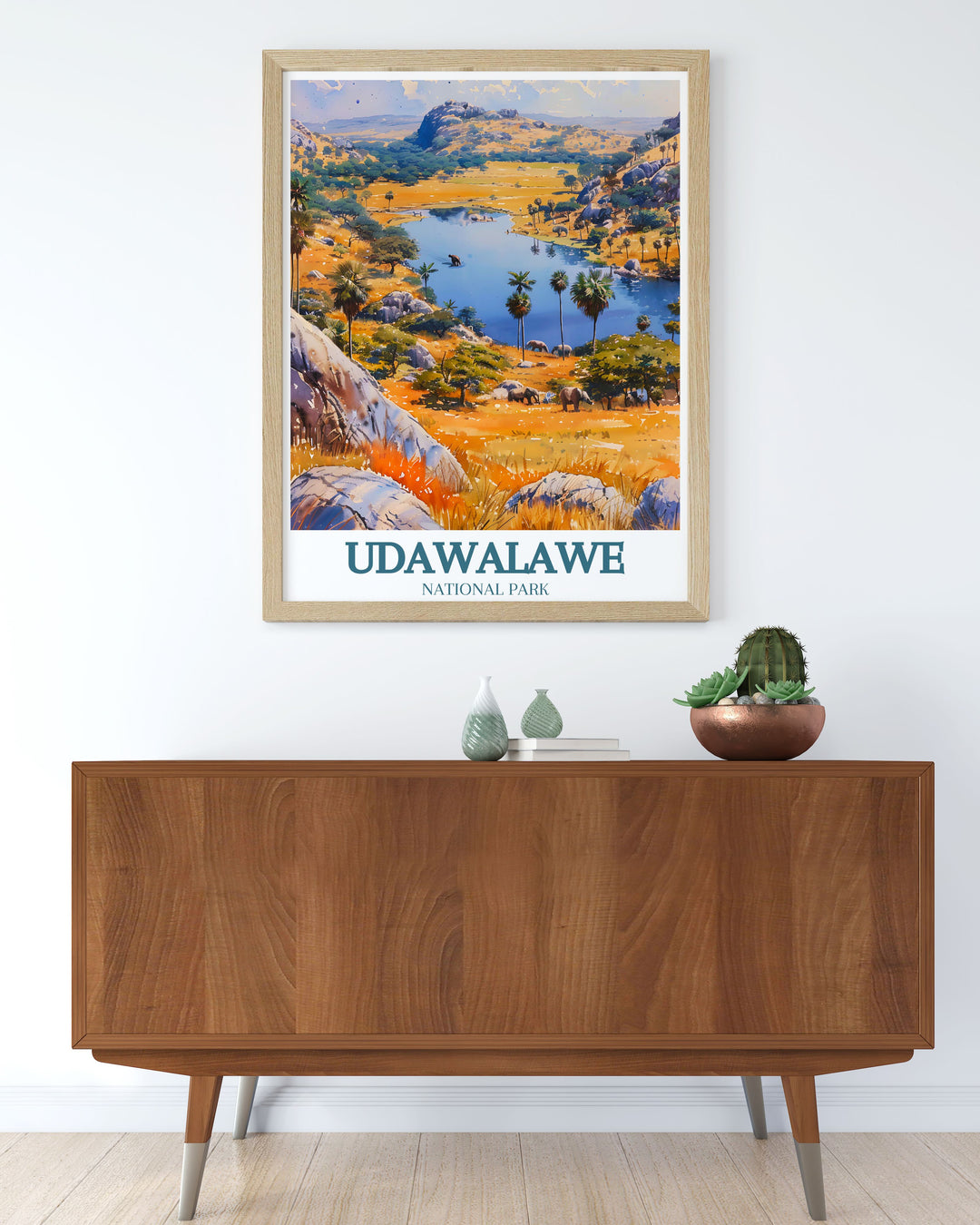 Udawalawe Reservoir Walawe River framed print perfect for adding a touch of elegance and adventure to your home or office decor with its detailed depiction of Sri Lankas picturesque landscapes and vibrant wildlife.