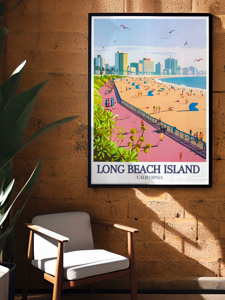 Long Beach Island travel print featuring the famous Long Beach Boardwalk in New Jersey. This wall art offers a detailed black and white street map design, blending history and coastal charm to create the perfect décor piece for any room.