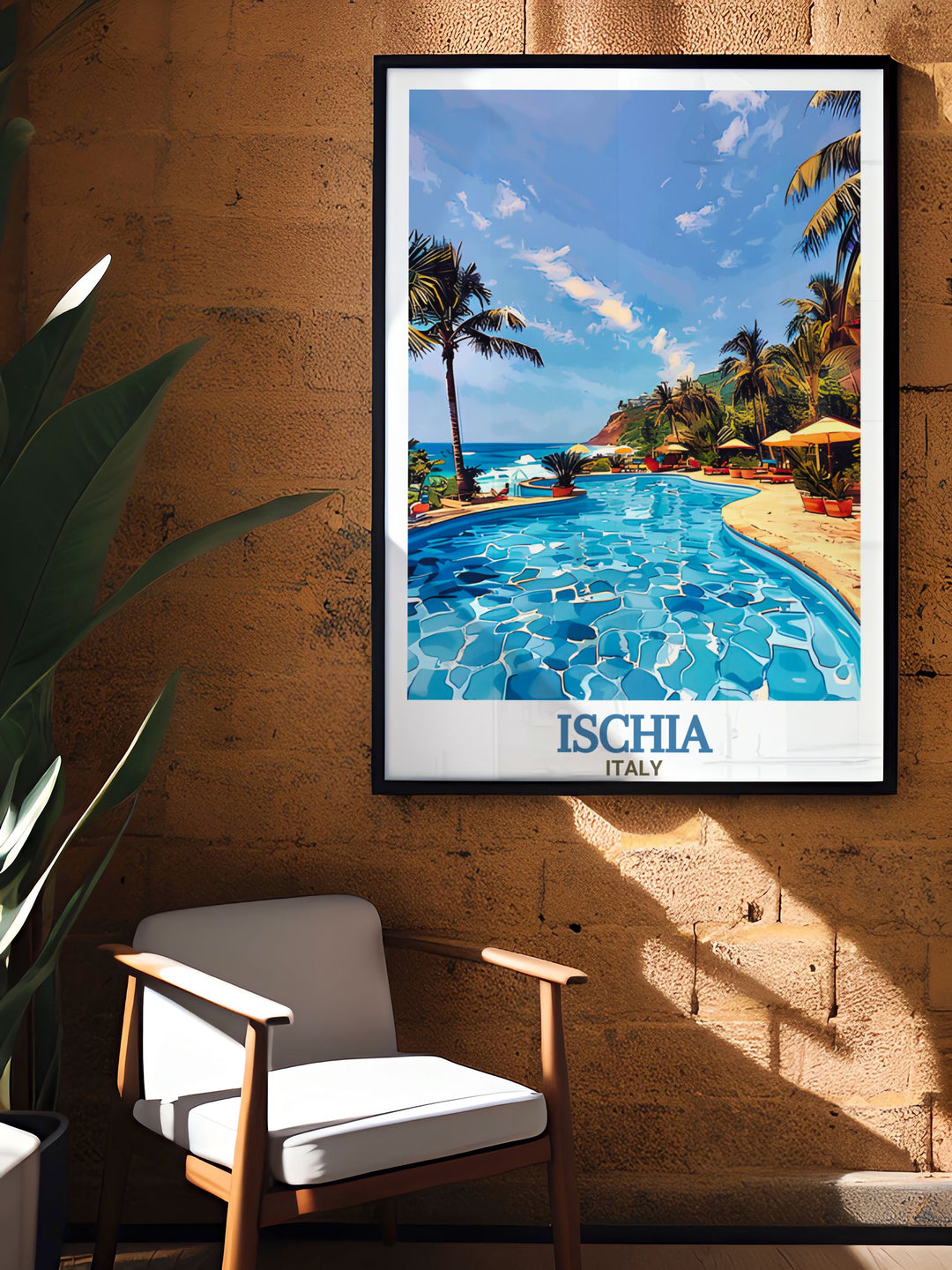 A beautifully crafted poster of Negombo Thermal Park, Ischia, Italy. This art print brings the vibrant colors of the parks tropical plants and thermal waters to life, making it a wonderful addition to any living space or as a unique gift for travel lovers.