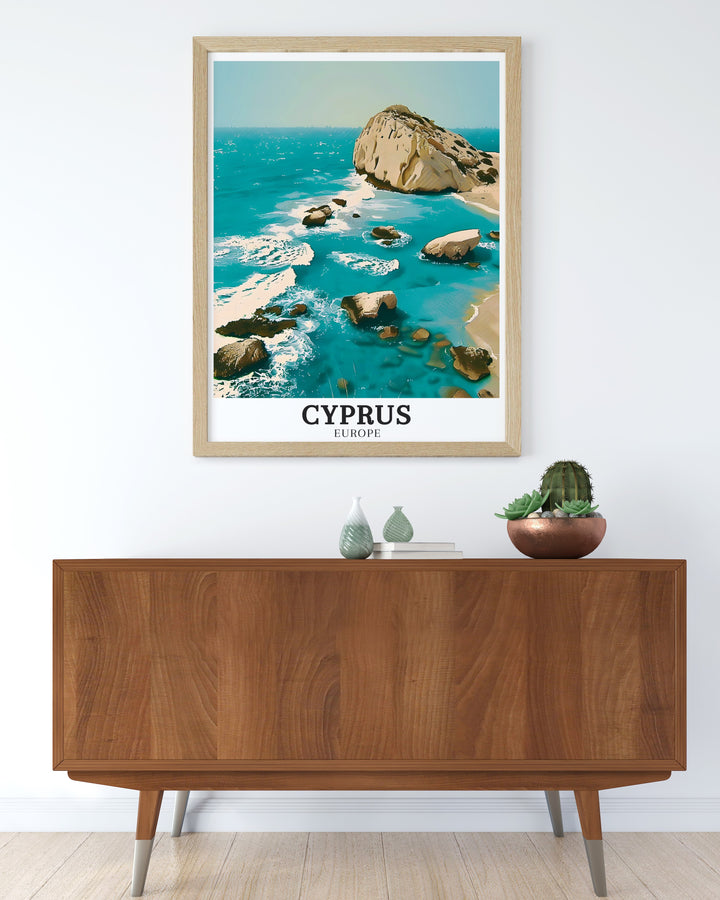 Featuring the breathtaking Aphrodites Rock, this travel print highlights the legendary site in Paphos, Cyprus. The vivid colors of the Mediterranean and the mythological significance make this canvas art perfect for lovers of ancient history and beautiful seascapes.