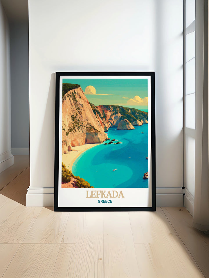 Porto Katsiki Beach Wall Art brings the beauty of Lefkada into your home with vibrant colors and stunning details perfect for adding a touch of Greece to any room. This Greece Island Print makes a striking addition to modern living spaces or elegant home decor.