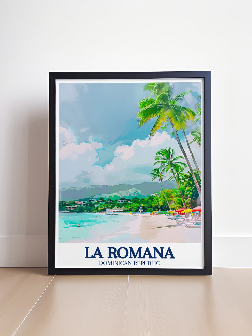 Travel poster featuring the serene shores of Saona Island and the tranquil Caribbean Sea near La Romana. This beautiful art print captures the vivid colors of the Caribbean, offering a piece of island paradise to enhance your home decor. Ideal for tropical art lovers and travel enthusiasts.