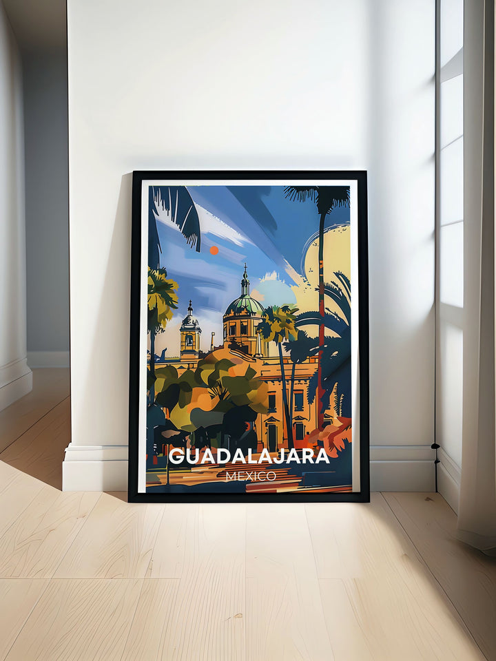 Showcasing the unique blend of history and modernity in Guadalajara, this travel poster features detailed illustrations of the citys landmarks and vibrant scenes, perfect for creating a lively atmosphere in any room.