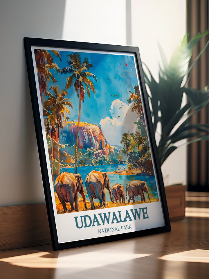 Exquisite Udawalawe Reservoir Walawe River framed print capturing the tranquil beauty of Sri Lankas national park perfect for home decor or as a unique gift for those who appreciate the natural world and fine art.