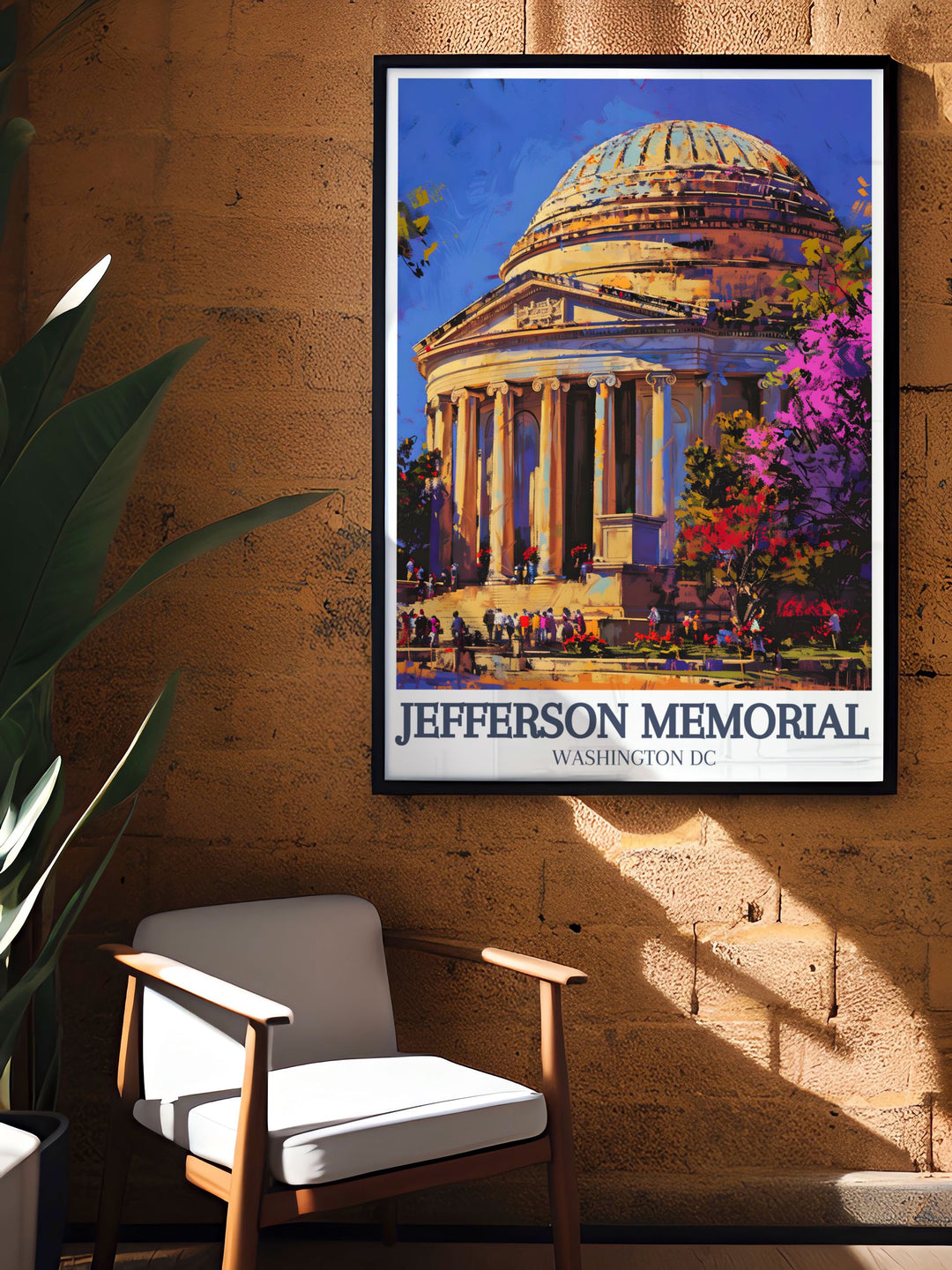 Showcasing the architectural beauty of the Jefferson Memorial, this travel poster focuses on the iconic neoclassical dome and the Grand Rotunda. An ideal piece for history enthusiasts and lovers of American landmarks.