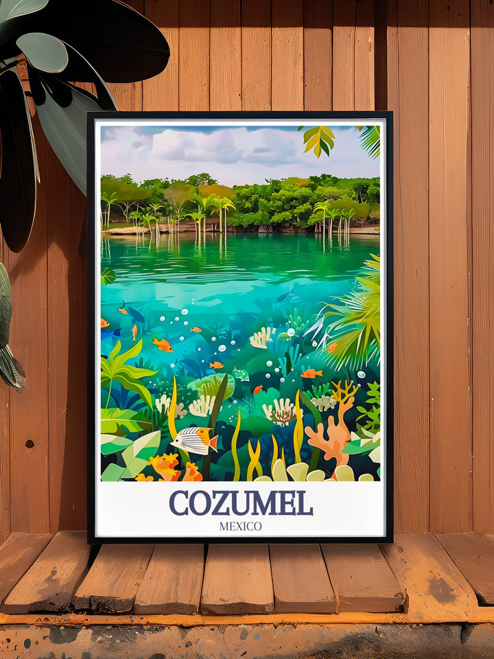 Mexico Travel Print highlighting the scenic beauty of Palancar Reef and Chankanaab National Park. This Cozumel Wall Art is perfect for beach lovers and anyone who wants to bring a piece of Mexicos stunning natural environment into their home.