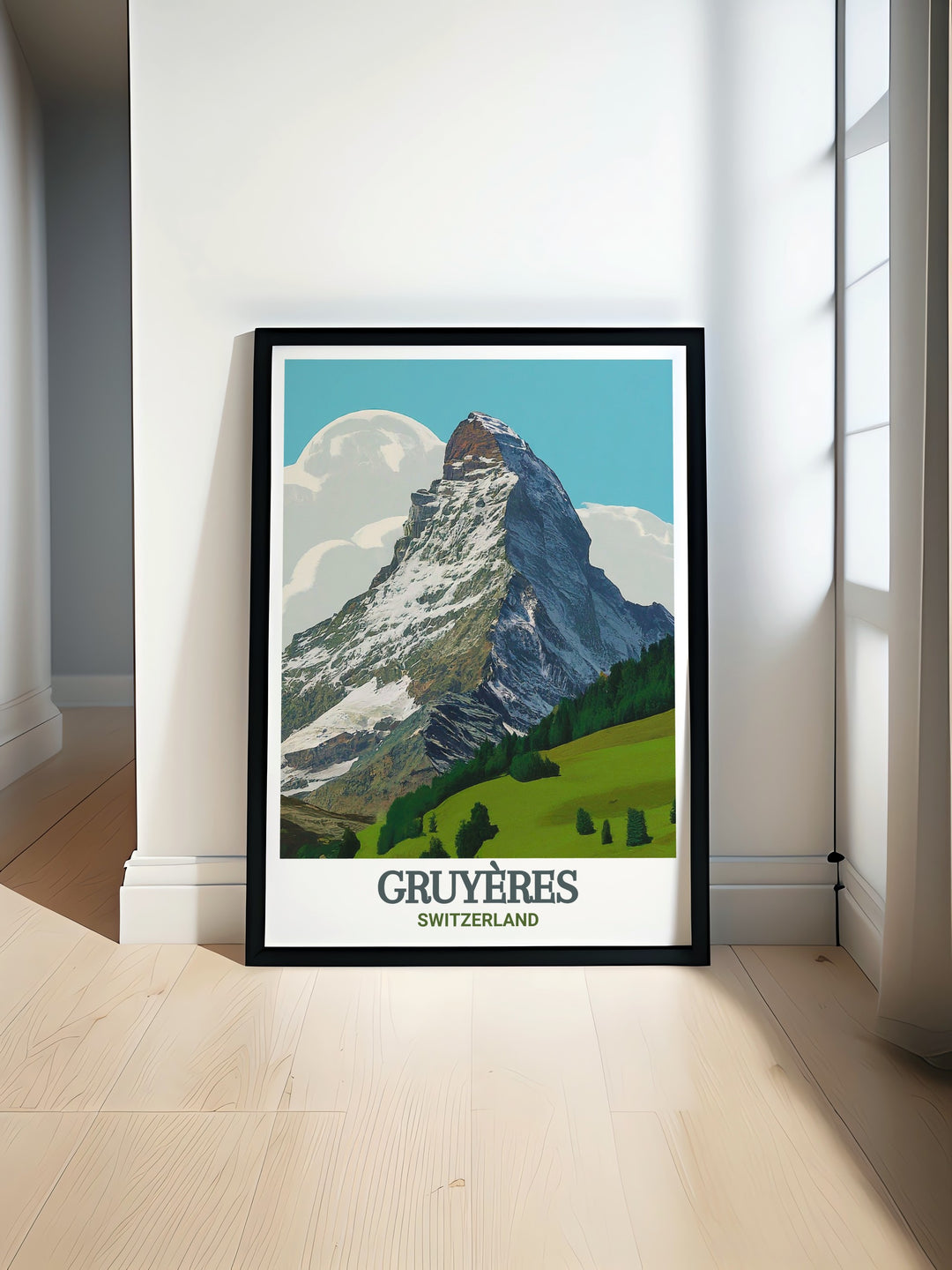 Moleson Peak travel poster featuring a stunning illustration of the Swiss Alps and the picturesque landscapes of Gruyeres. This art print is perfect for adding Swiss charm to your home decor and creating a calming atmosphere.