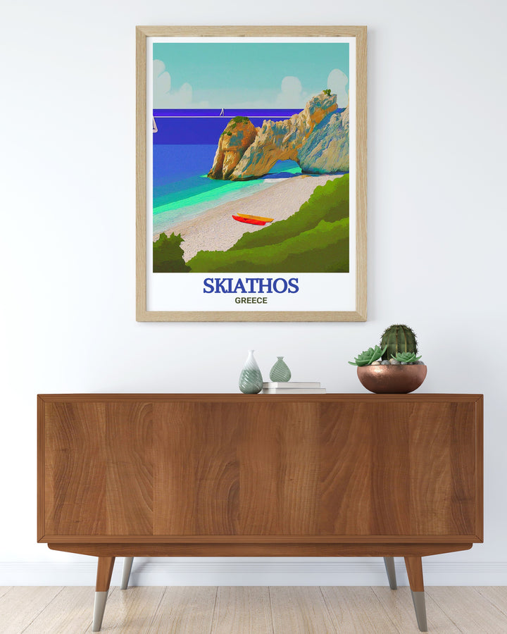 Lalaria Beach wall art from Skiathos Island. This print beautifully captures the essence of Greek island life, with its picturesque setting and vibrant hues. A perfect addition to any room that needs a touch of serenity and beauty.