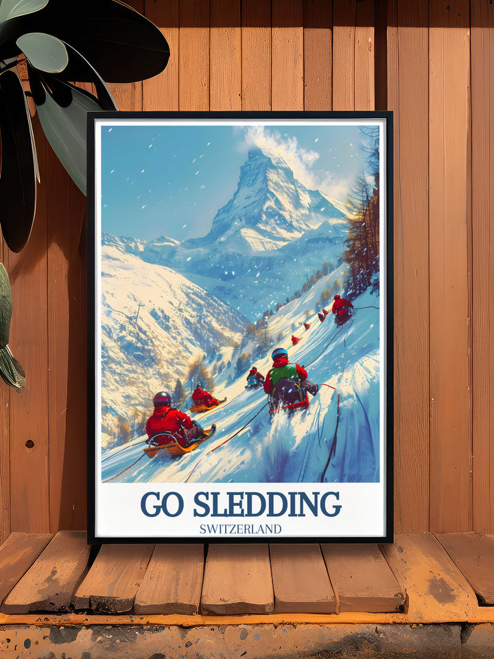 Travel poster featuring a picturesque view of Gornergrat covered in snow, with sledders navigating the well groomed trails.