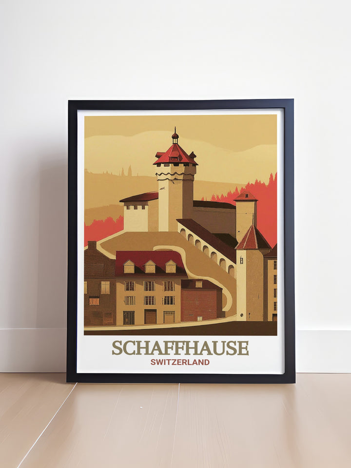 Schaffhausen art print showcasing Munot Fortress. Highlighting the fortresss robust stone walls and strategic vantage points. Ideal for decorating living rooms, offices, or studies with a touch of Swiss history and elegance. Makes a thoughtful gift.