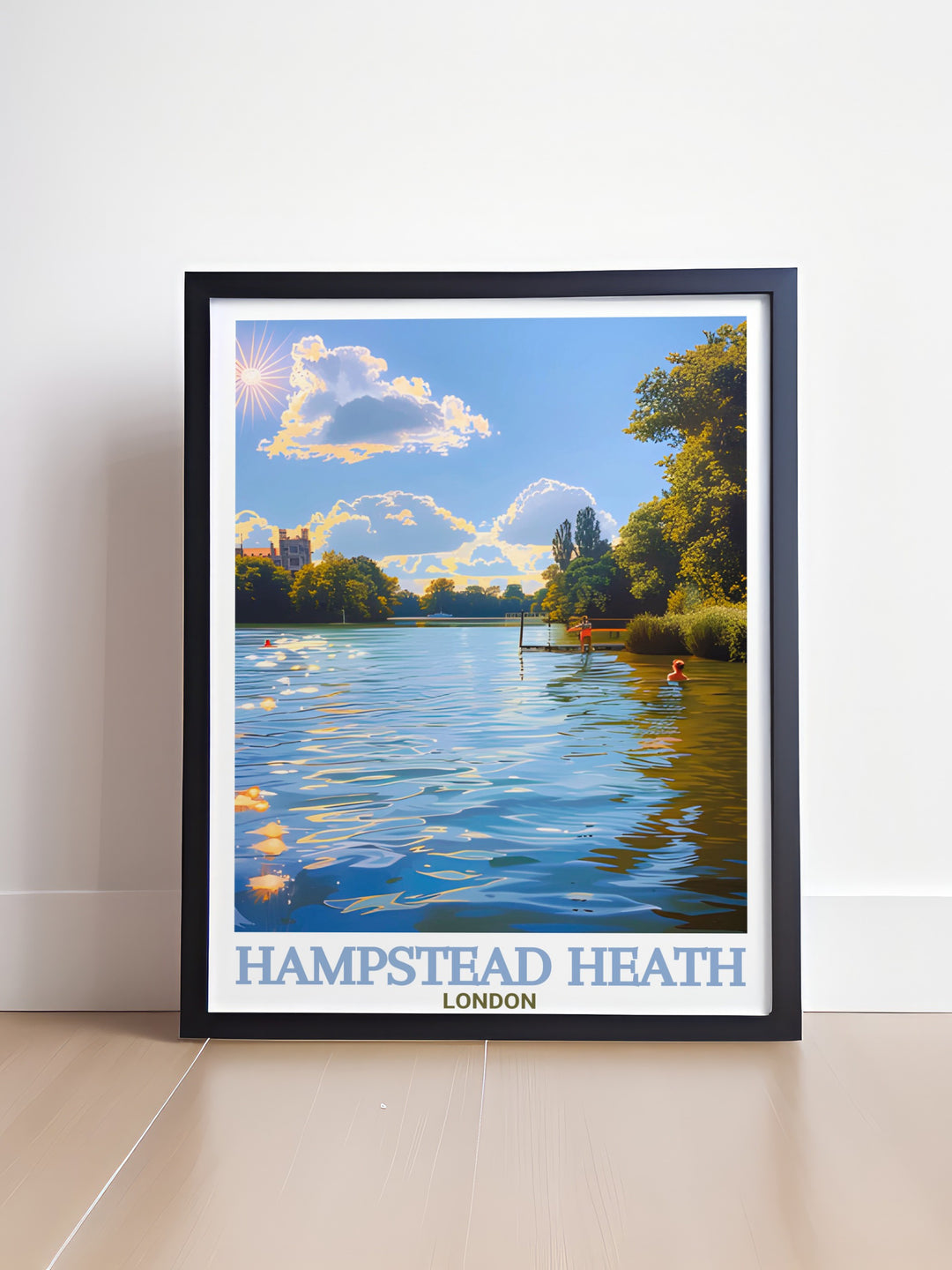 Hampstead Heaths serene landscape and its famous ponds are beautifully represented in this travel print. Perfect for wall décor, this artwork brings a piece of Londons iconic green spaces into your home.