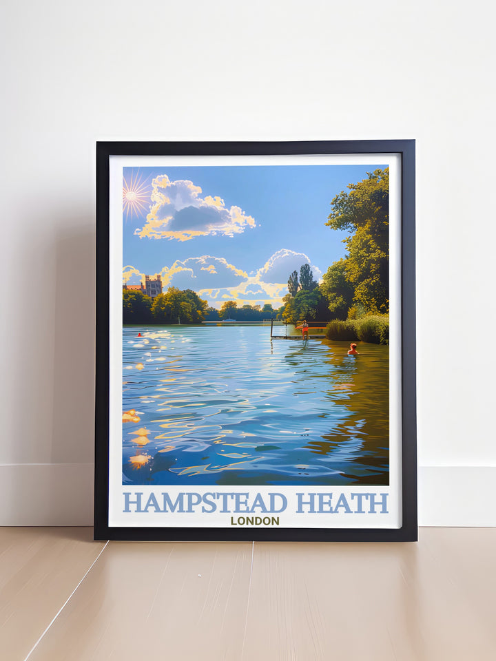 Hampstead Heaths serene landscape and its famous ponds are beautifully represented in this travel print. Perfect for wall décor, this artwork brings a piece of Londons iconic green spaces into your home.