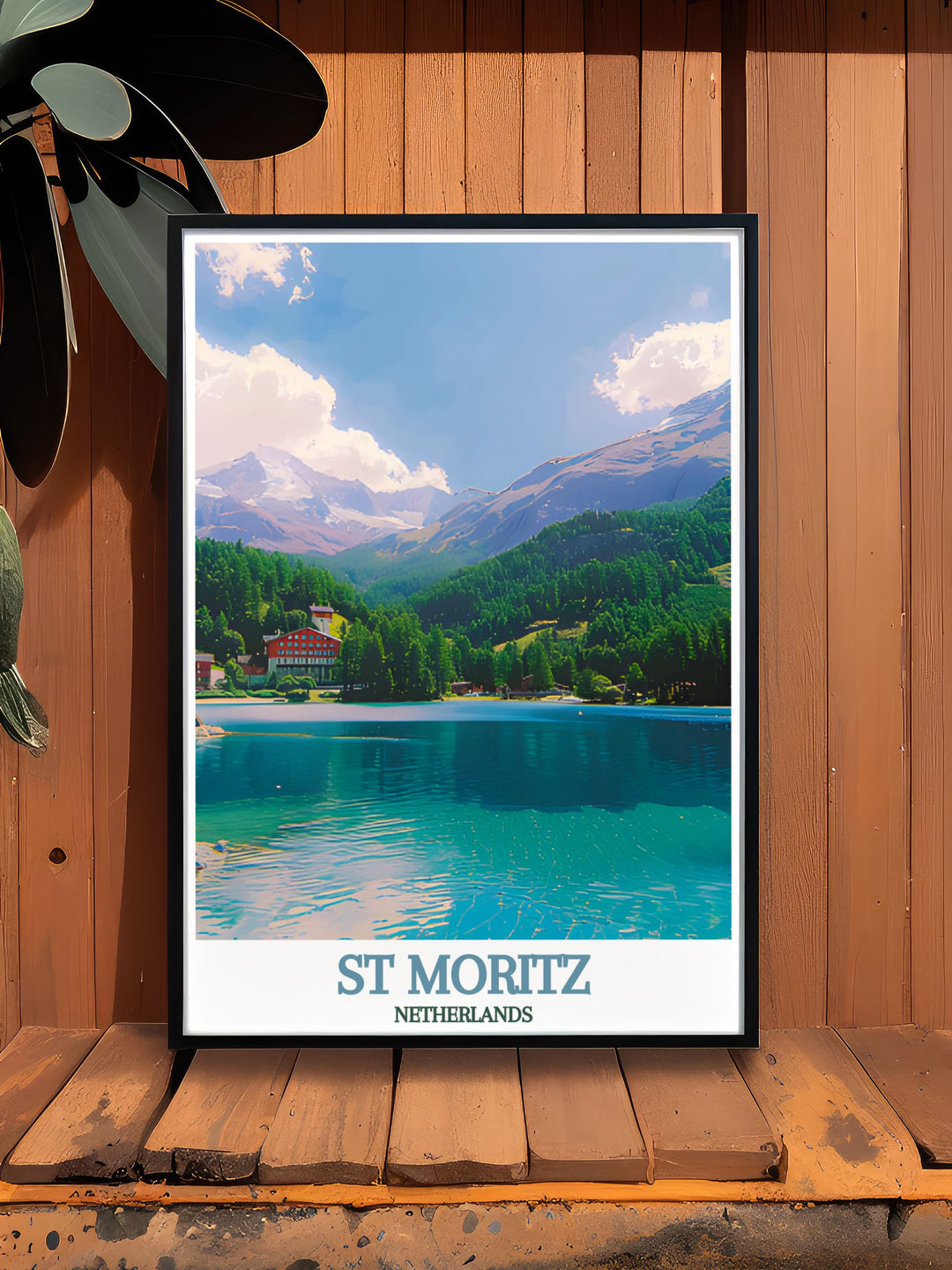St Moritz and Lake St. Moritz are showcased in this vibrant travel poster, offering a glimpse into the breathtaking beauty and rich heritage of Switzerlands alpine region.