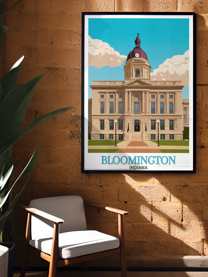 Monroe County Courthouse poster featuring the Bloomington skyline and city map integrated into the design perfect for those who appreciate the artistic representation of historical landmarks in their home decor