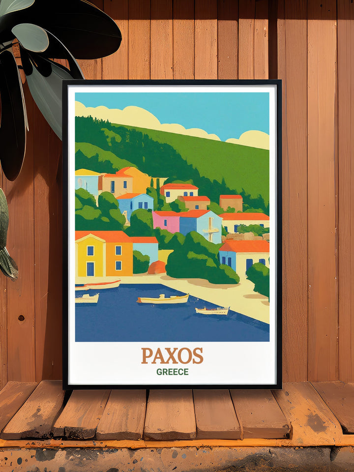 Loggos framed prints featuring the stunning landscapes of Paxos island are ideal for adding a touch of Greece island decor to your home this Greece travel poster captures the charm of the Mediterranean and transforms any room into a relaxing retreat