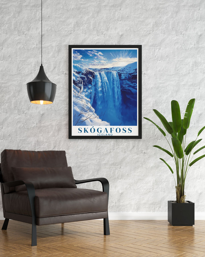 Skogafoss waterfall Winter vintage print displaying the enchanting scene of the waterfall in a retro travel poster style perfect for adding a nostalgic touch to your home or office decor.