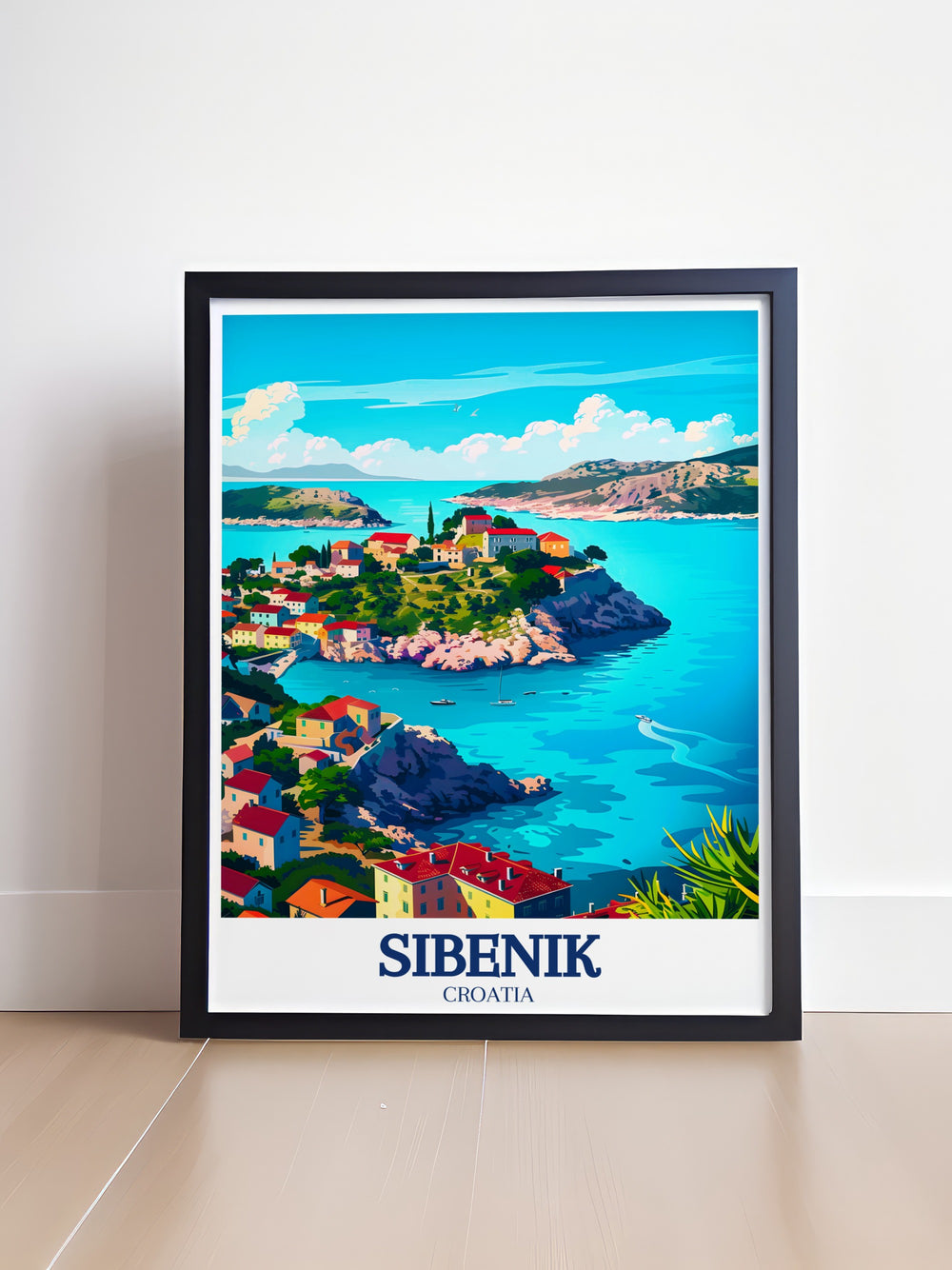 Capture the coastal charm of Croatia with this vibrant poster featuring the city of Sibenik, the breathtaking Kornati National Park, and the scenic Dalmatian Coast. The perfect art print for anyone passionate about travel and Croatian landscapes.