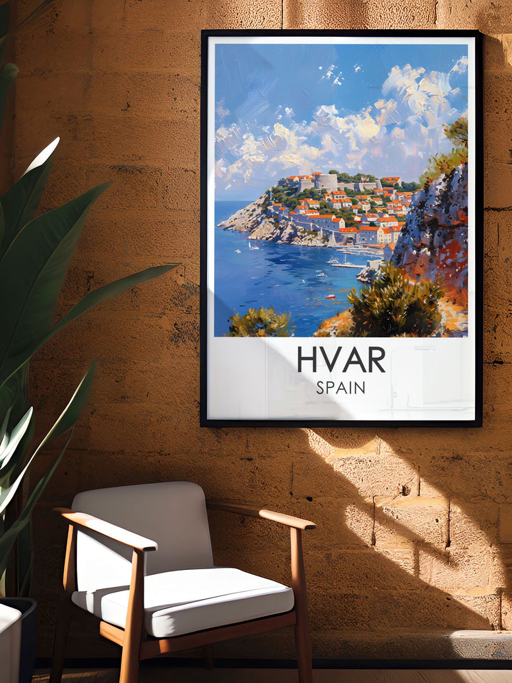 Gallery wall art of Hvar Harbor, featuring its bustling activity and picturesque setting. This piece offers a glimpse into the vibrant life of this coastal town, making it a standout feature in any collection of Mediterranean art.