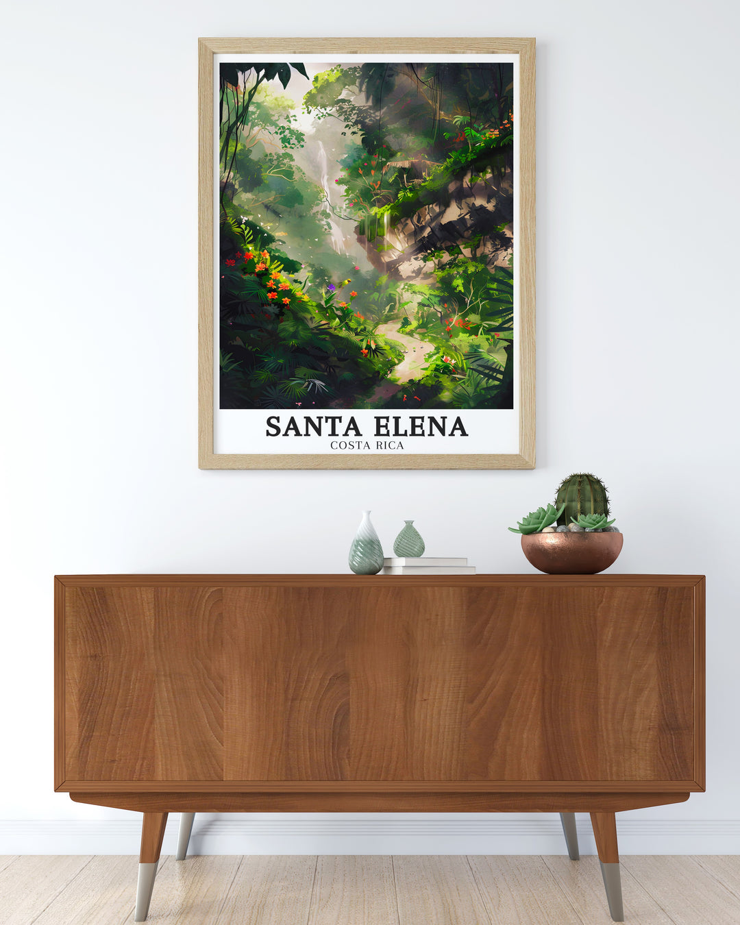 Santa Elena Cloud Forest and Encantado Trail depicted in this stunning Costa Rica wall art. Perfect for those looking to enhance their home decor with a nature inspired piece this artwork captures the serenity and mystery of Costa Ricas famous forest and trail.