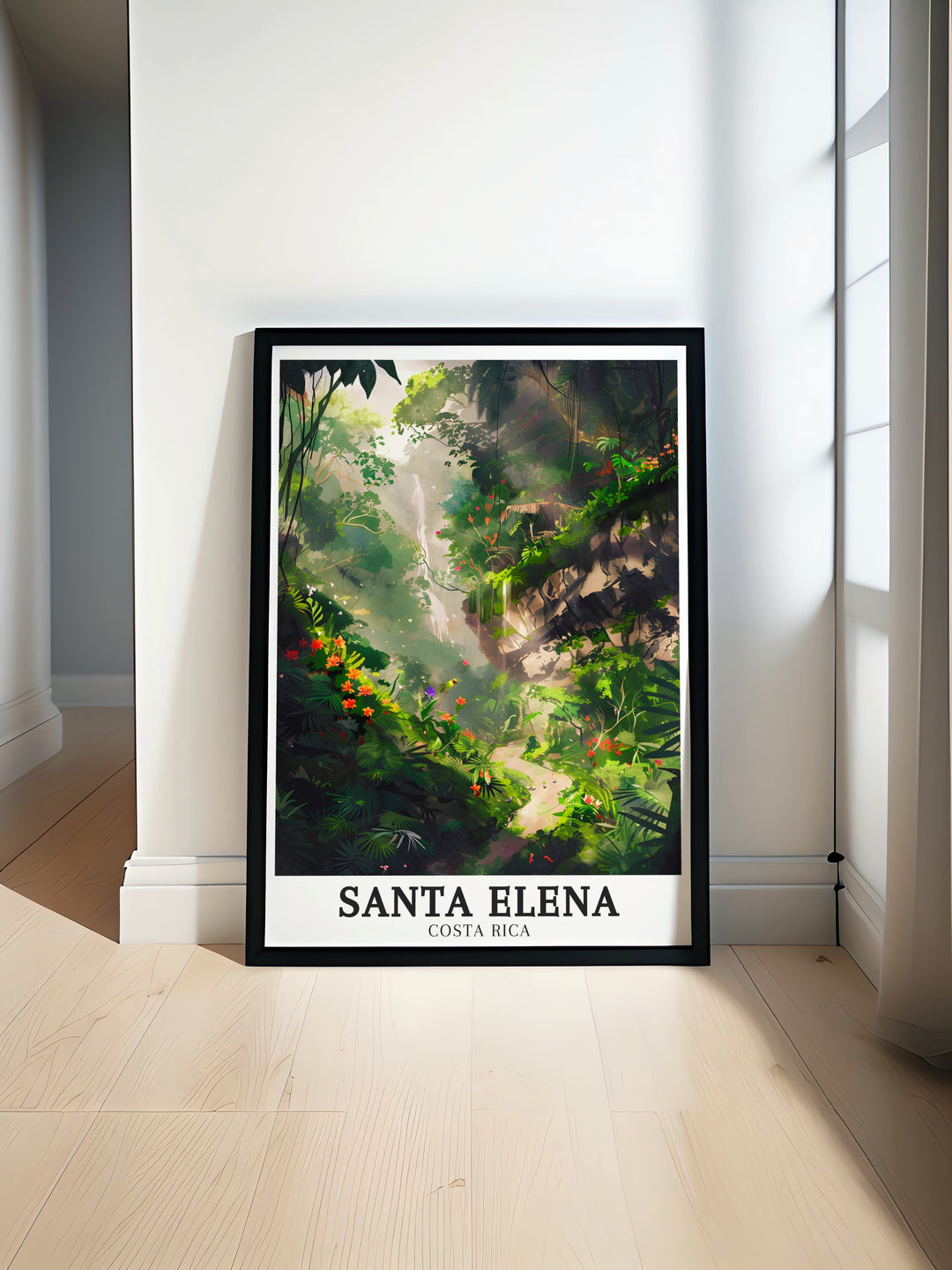 Beautiful artwork of Santa Elena Cloud Forest and Encantado Trail in Costa Rica. This vibrant Costa Rica wall art brings the lush landscapes and peaceful trails into your home perfect for adding a touch of nature to your living room or giving as a Costa Rica gift.