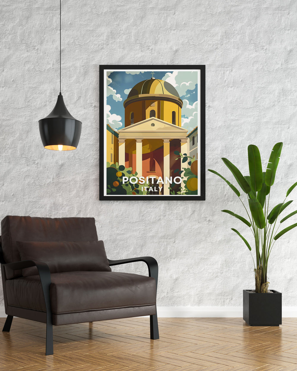 The Chiesa di Santa Maria Assunta Travel poster showcasing Spiaggia Grande and the architectural beauty of Positano perfect for wall art ideal for those who love Italian culture and want to bring a piece of the Amalfi Coast into their home