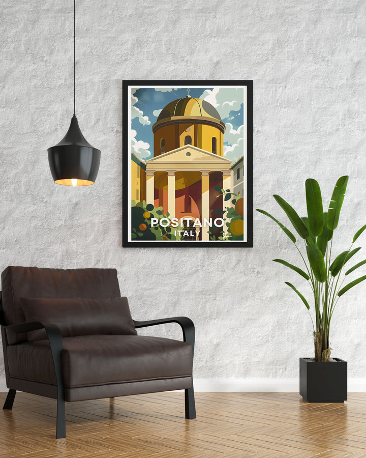 The Chiesa di Santa Maria Assunta is elegantly portrayed in this Positano Wall Art adding a touch of Italian charm to your home. This Italy Wall Art is perfect for those who appreciate the beauty and culture of the Amalfi Coast